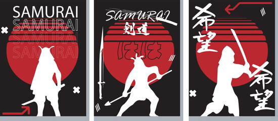 vector collection of Japanese samurai posters. for printing clothes and print media. 90s style japan. art samurai red and black color