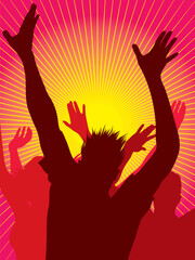 Vector silhouettes of young people dancing and sunburst background
