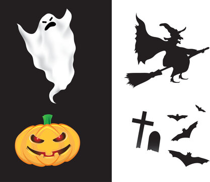 Halloween design elements isolated on white and black background