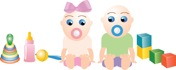 Obraz premium editable vector illustration of boy and girl sitting in the room full of toys
