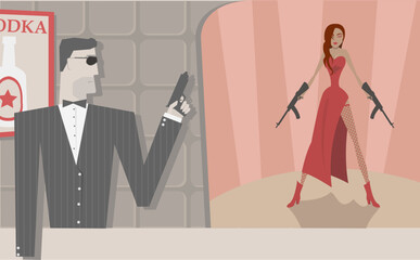Vector cool secret agents, man and woman