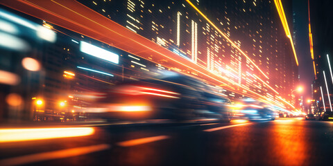 Fototapeta na wymiar Electrifying city traffic with streaks of light painting the bustling streets. The fast-moving cars create a visual display, embodying the speed, energy, and constant motion of city. . Generative AI