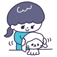 かわいい白い色の子猫をタオルで拭いている若い女性のイラスト