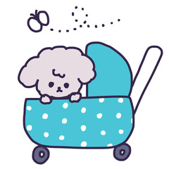 ペットカートに乗ったかわいいトイプードルの子犬と飛んでいる白い蝶々
