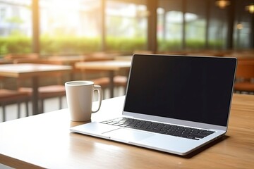 Mockup laptop computer. Mockup image of a laptop with blank white screen on wooden table in modern loft cafe