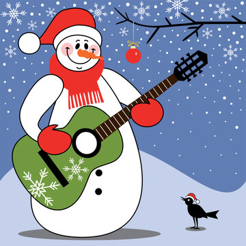 Happy snowman singing christmas carols and playing guitar, full scalable vector graphic included Eps v8 and 300 dpi JPG.