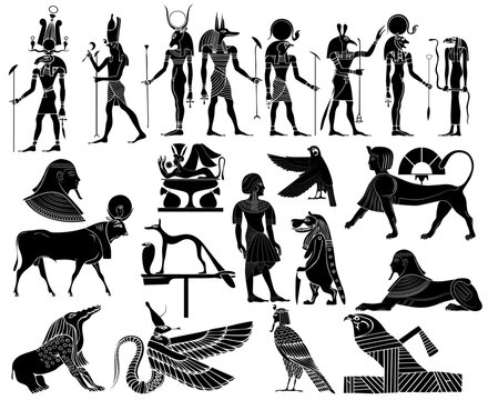 Vector - various themes of ancient Egypt:   Illustration of the gods and goddess of ancient Egypt - Ra, Anubis, Bastet, Hathor, Khensu, Hathor, Horus, Seth and various demon and creatures of ancient E