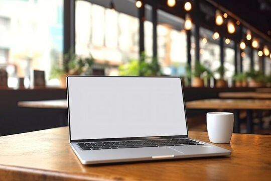 Mockup laptop computer. Mockup image of a laptop with blank white screen on wooden table in modern loft cafe