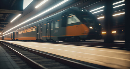 A dynamic capture of a train in motion, blurring through the urban landscape. Generative AI.