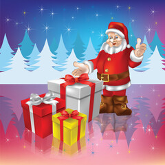 Santa Claus with christmas gifts on a woods background