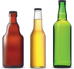 Three photo-realistic beer bottles. Vector illustration.