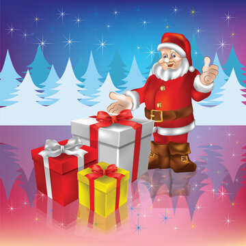 Santa Claus with christmas gifts on a woods background