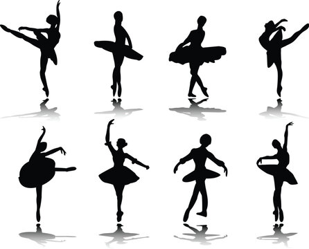 collection of ballerinas with reflection silhouette - vector