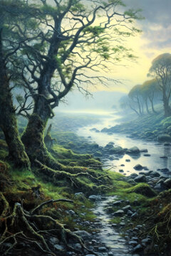 Stream of water running through green moss covered landscape, trees, early morning dawn misty fog, Celtic, Ireland. Generative AI