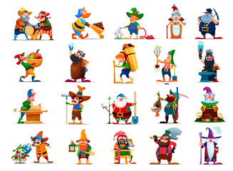Naklejka premium Cartoon gnome or dwarf characters with beards, hats. Cute fairy tale elf vector personages with mushroom basket, lantern, miner wheelbarrow and pickaxe. Gnomes watering flower, growing plants, smoking