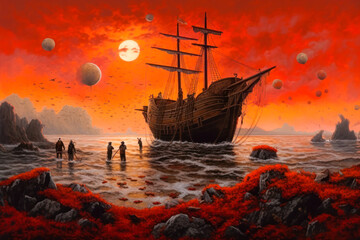 Obraz premium Wooden sailing ship on a red alien planet, science fiction, landscape. Generative AI
