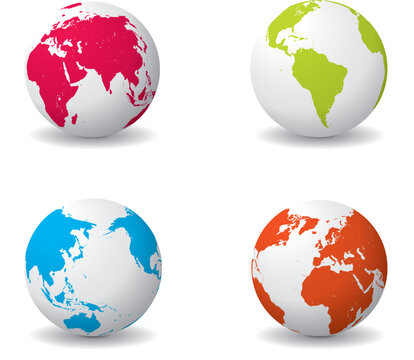 Four colorful globes isolated on a white background with shadow. Editable vector illustration.