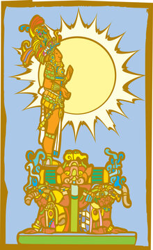 Mayan lord stands on the backs of slaves with sun in background.