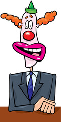 cartoon illustration of politician in clown mask giving a speech