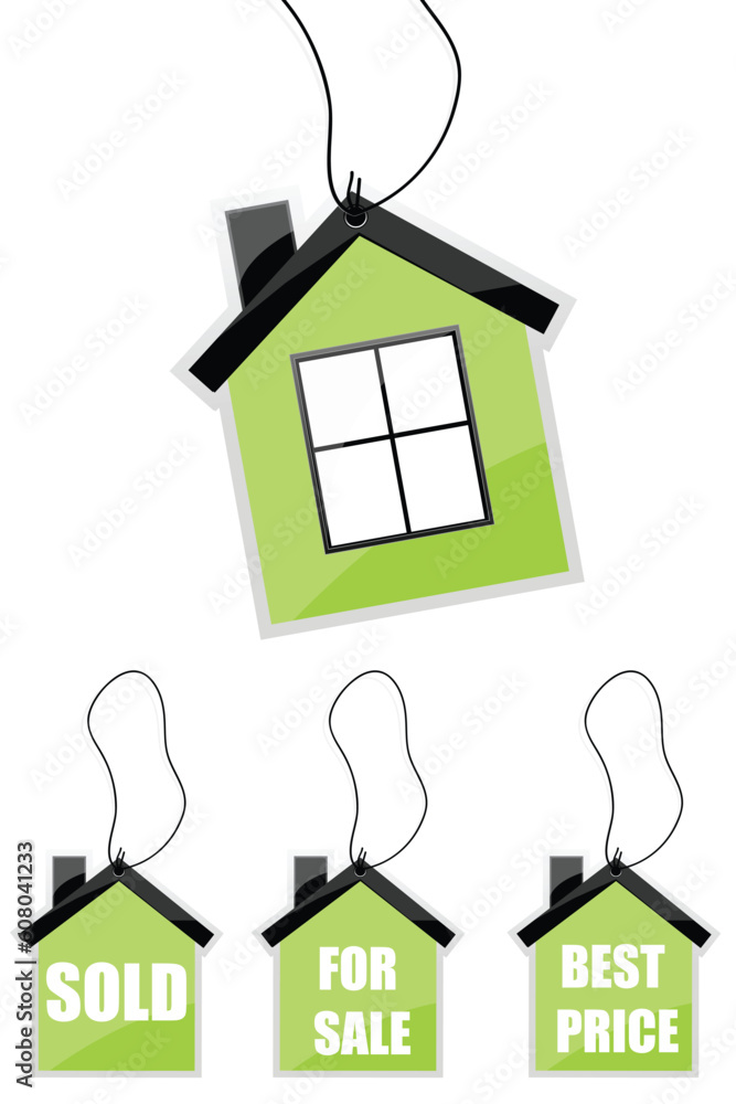 Poster illustration of tag of house with different text on isolated background