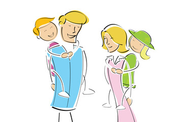 illustration of kids on piggy ride of their parent