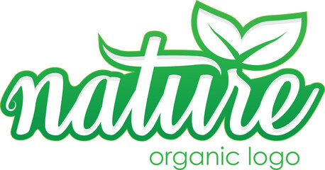A graphic design with nature text and a pair of leaves. Green colored eco friendly logo design template.