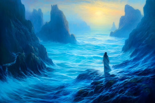 Woman standing on the rocks in the ocean, early morning dawn misty fog, blue cool colors, landscape painting, Celtic. Generative AI