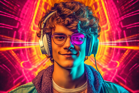 Teenager wearing 1980's retro neon psycedelic wired headphones,  Generative AI