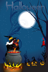 illustration of scary witch cooking in halloween night