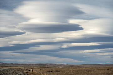 Lenticular clouds over Route 40, next to Lake Viedma in Santa Cruz, Patagonia Argentina.