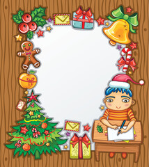 Little boy, wearing Santa hat, writing a letter to Santa . Lots of Christmas ornaments and decorations. Christmas kids series 1