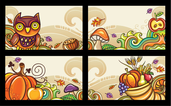 Decorative banners, Thanksgiving theme.  Beautifully designed autumn compositions featuring an Owl, Cornucopia, Thanksgiving Pumpkin, forrest background, fruits, vegetables, mushrooms.