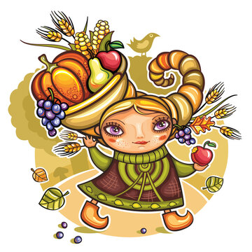 Thanksgiving holiday theme: Happy cute girl wearing Cornucopia hat full of colorful fruits and vegetables, celebrating harvest festival in the forest. Pumpkin, pear, apple, grapes, corn. Autumn forest