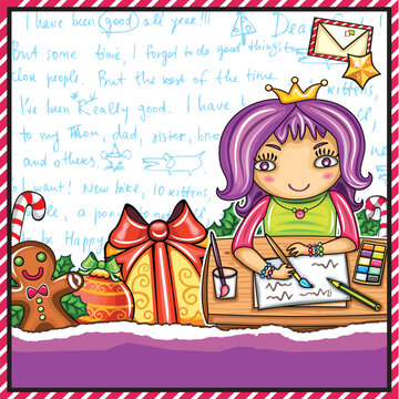 A cute little girl is writing a letter to Santa Claus with Christmas ornaments, decorations, presents, bell, gingerbread man, stars, paint, brushes, drawing. Letter to Santa background(can be replaced