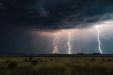 Naklejka na ściany i meble A stormy sky with multiple cloud to ground lightning strikes, generative Ai