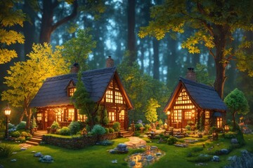 Fototapeta na wymiar A Cozy and Magical Cottage in the Enchanted Forest: A 3D Blender Render of a Tiny and Cute Isometric House with Soft Colors and Lighting, Fantasy Art by Generative AI 35
