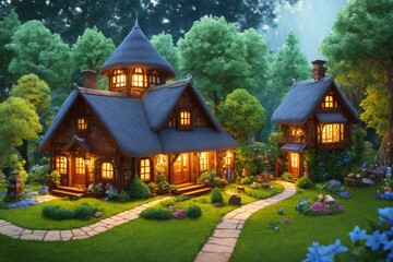 Obraz na płótnie Canvas A Cozy and Magical Cottage in the Enchanted Forest: A 3D Blender Render of a Tiny and Cute Isometric House with Soft Colors and Lighting, Fantasy Art by Generative AI 3