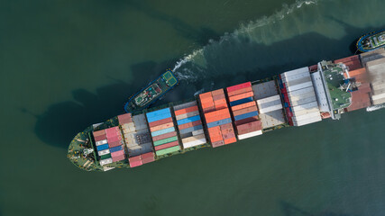 Aerial view container cargo ship, Global business import export logistic and transportation freight shipping of international by container cargo ship, Container cargo vessel freight shipping.