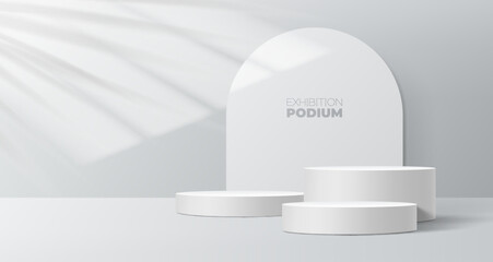 Grey podium mockup of product display background, round pedestals and leaves shadow with vector arch. Exhibition podium, product display showcase and round circle pedestal for luxury cosmetics