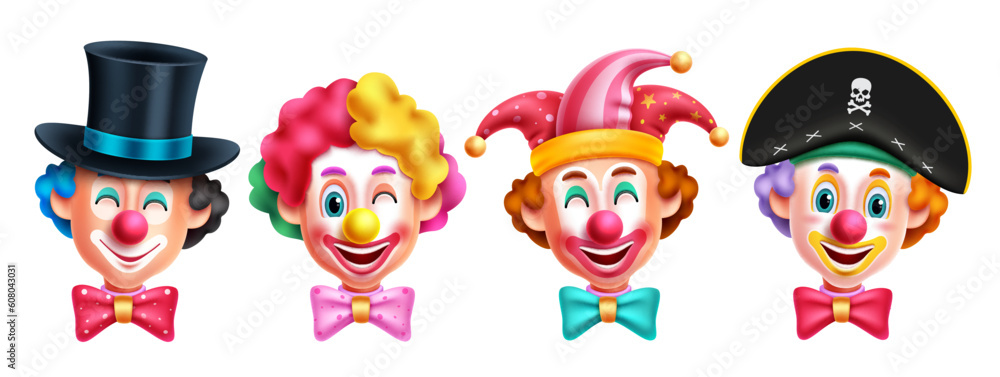 Poster clown character vector set design. birthday buffoon and mascot costume collection with funny face ex