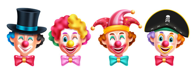Clown character vector set design. Birthday buffoon and mascot costume collection with funny face expression. Vector Illustration party and event comedian characters.