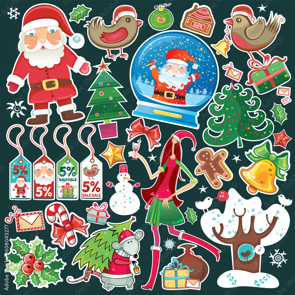 Poster big vector set of christmas design elements isolated on dark background.