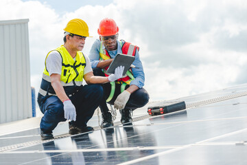 Engineer technician team using laptop checking and operating system on rooftop of plant farm, Renewable energy source for electricity and power, Solar cell panel maintenance service concept