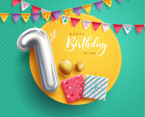 Birthday 1st vector template design. Happy birthday text in empty space with number one silver balloon decoration. Vector illustration greeting and invitation card. 