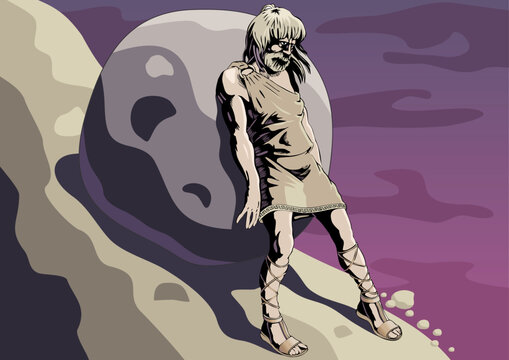 Illustration to mythology about Sisyphus.