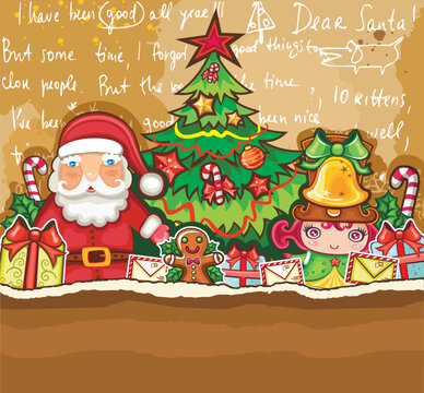 Christmas theme: Santa Claus, cute little girl and lots of holiday decorations.