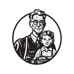 grandfather and grandchildren, vintage logo line art concept black and white color, hand drawn illustration