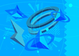 Abstract random blue colored shapes template for cover design. Retro geometric theme poster banner. Vintage geometrical graphic minimal background.