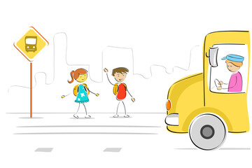 illustration of kids at bus stop waiting for school bus