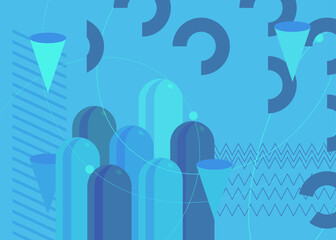 Abstract random blue colored shapes template for cover design. Retro geometric theme poster banner. Vintage geometrical graphic minimal background.